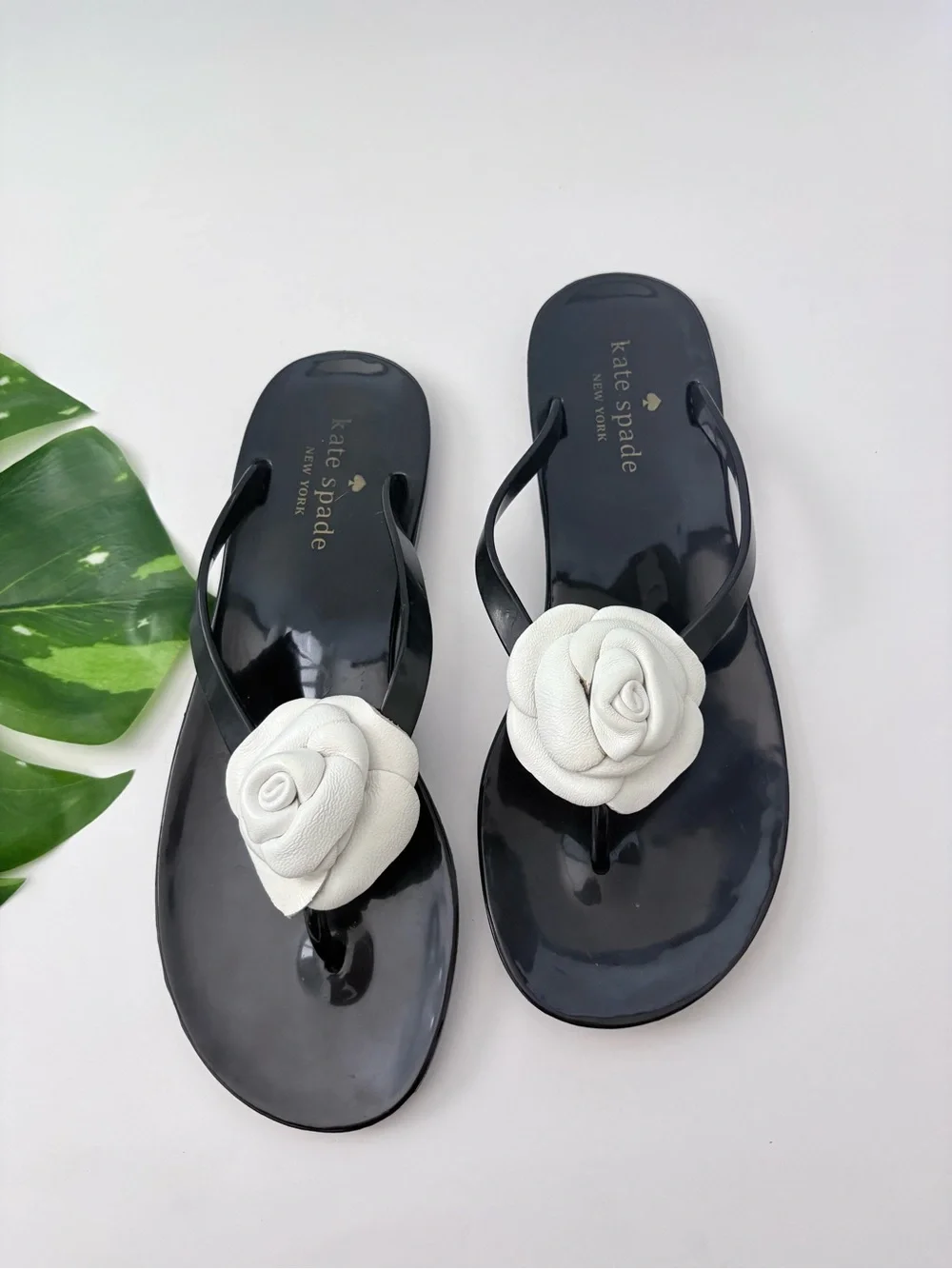 Kate Spade New York Black Jelly Flip Flops White Camellia Flower Sandals